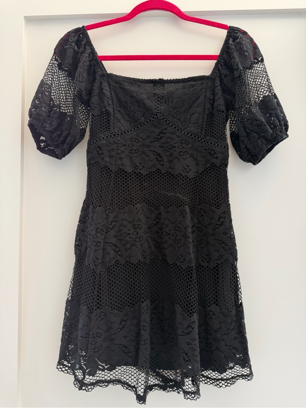 Free People Black Lace Puff-Sleeve Mini Dress